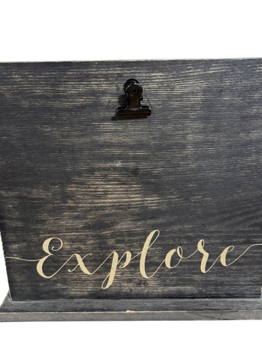 Distressed Black Wood Tabletop Sign Plaque "Explore" with Clip Farmhouse Decor